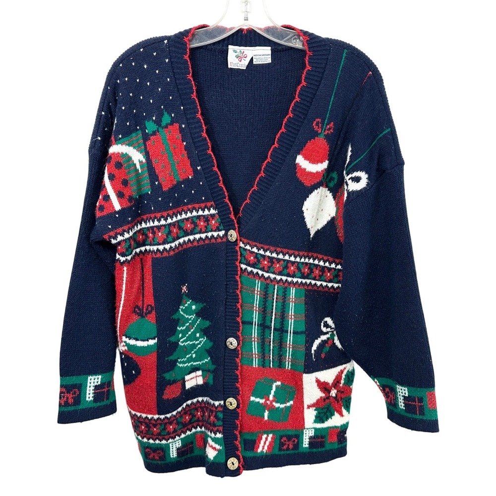 Nutcracker Medium Sweater Christmas Cardigan Navy Blue VTG Ugly Novelty 1385